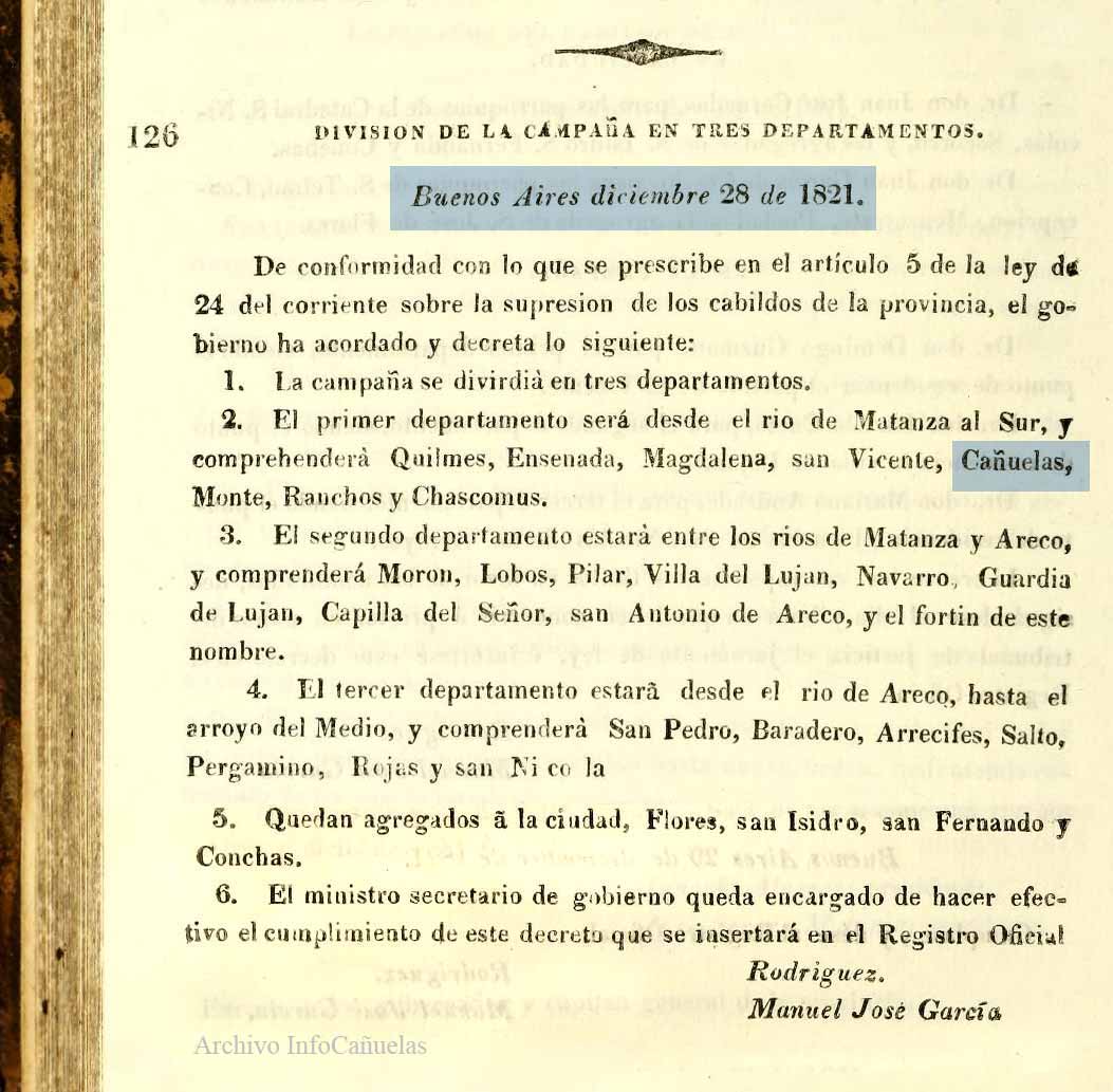 El decreto de 1821 firmado por el gobernador Martín Rodríguez y su ministro de Gobierno y Hacienda, Manuel José García. 